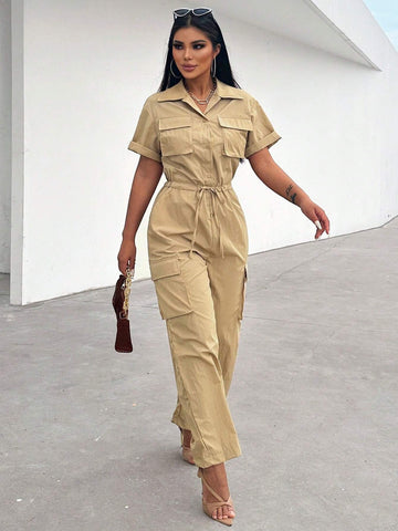 Ladies" Short-Sleeved Jumpsuit With Waist Tie, Workwear Pocket Design For Summer