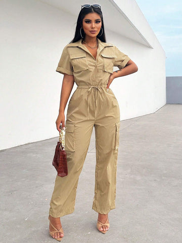 Ladies" Short-Sleeved Jumpsuit With Waist Tie, Workwear Pocket Design For Summer
