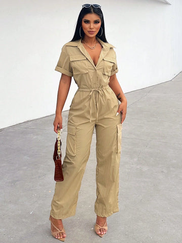 Ladies" Short-Sleeved Jumpsuit With Waist Tie, Workwear Pocket Design For Summer