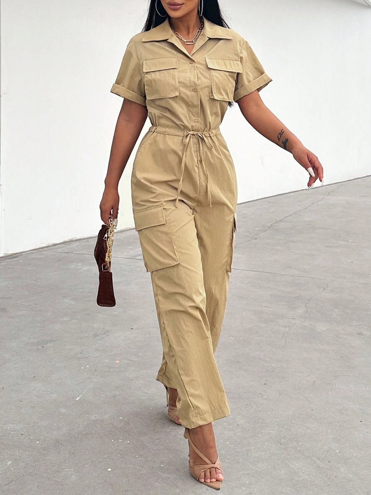 Ladies" Short-Sleeved Jumpsuit With Waist Tie, Workwear Pocket Design For Summer