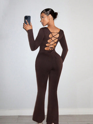 Ladies' Solid Color Backless Halter Wide Leg Jumpsuit With Tie Back