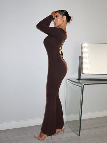 Ladies' Solid Color Backless Halter Wide Leg Jumpsuit With Tie Back