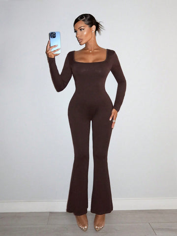 Ladies' Solid Color Backless Halter Wide Leg Jumpsuit With Tie Back