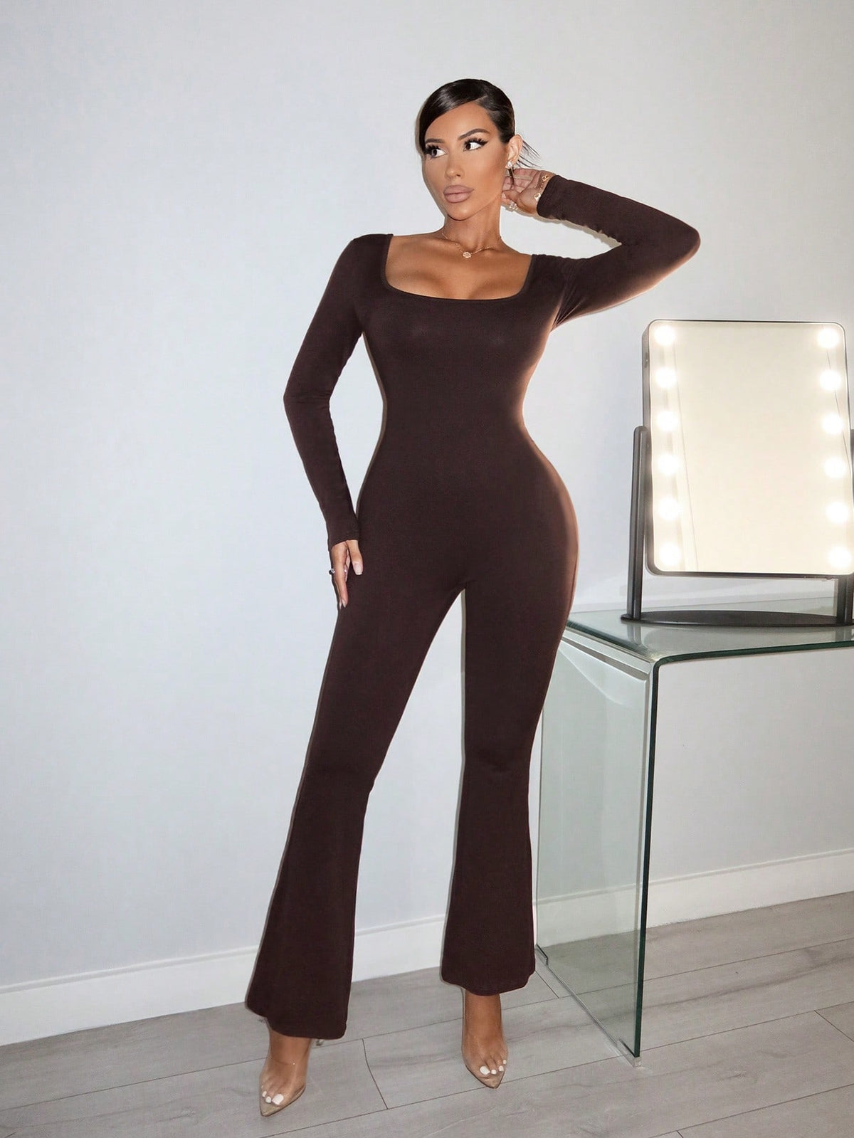 Ladies' Solid Color Backless Halter Wide Leg Jumpsuit With Tie Back