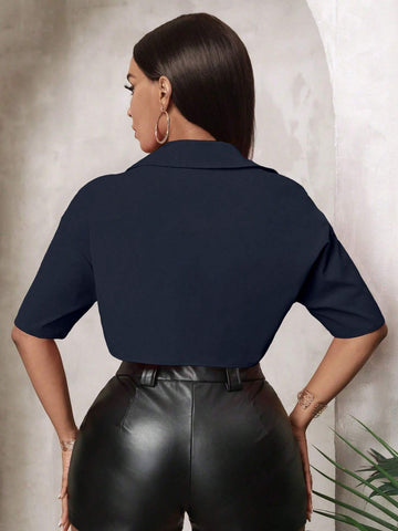 Ladies Solid Color Button Front Casual Dual Pocket Short Sleeve Shirt