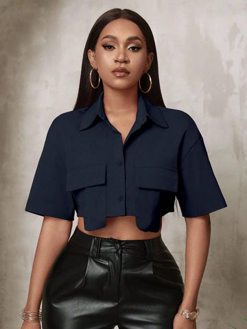 Ladies Solid Color Button Front Casual Dual Pocket Short Sleeve Shirt