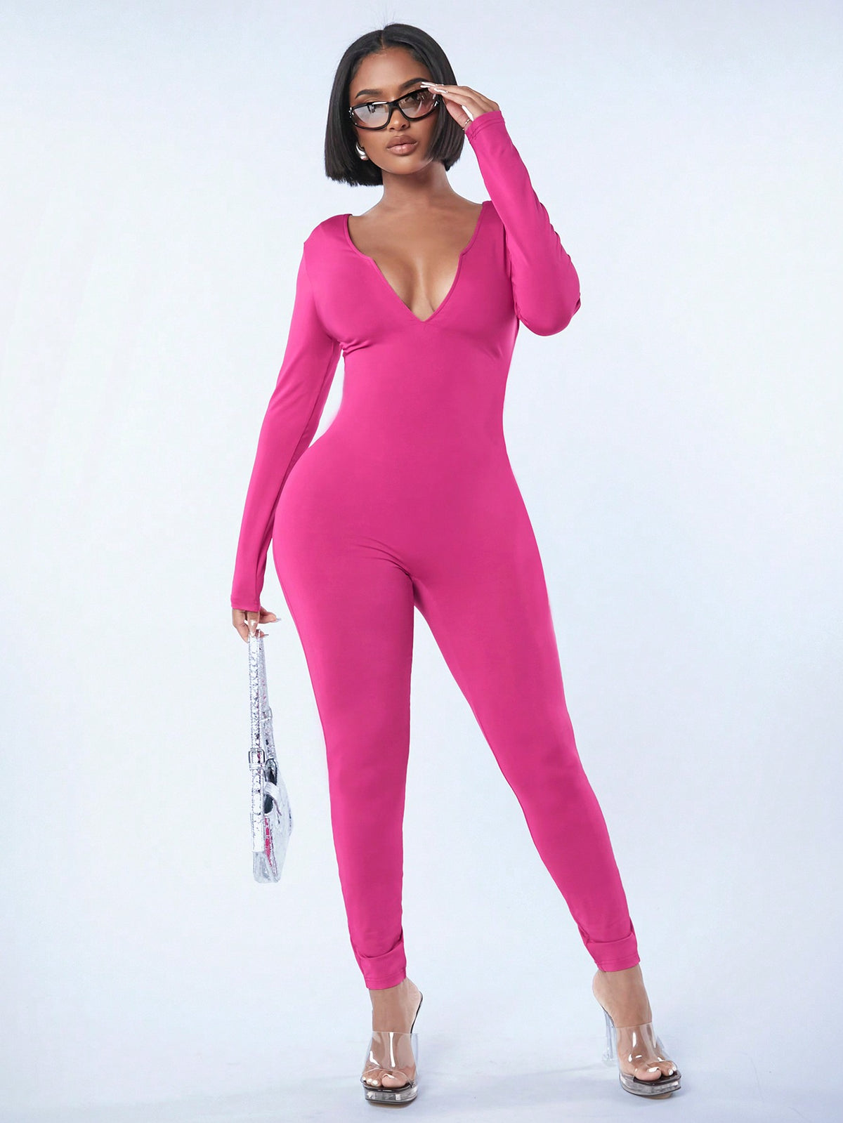 Ladies' Solid Color Deep V-Neck Bodycon Jumpsuit