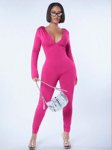 Ladies' Solid Color Deep V-Neck Bodycon Jumpsuit