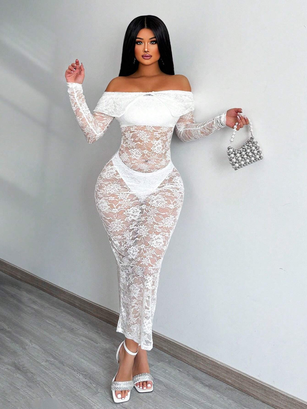 Ladies" Solid Color Lace See-Through Bodycon Long One Shoulder Dress For Summer