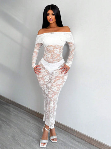 Ladies" Solid Color Lace See-Through Bodycon Long One Shoulder Dress For Summer