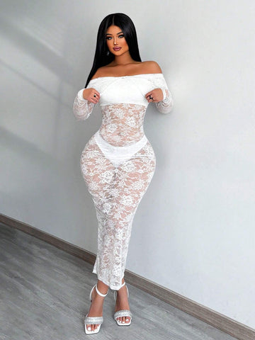 Ladies" Solid Color Lace See-Through Bodycon Long One Shoulder Dress For Summer