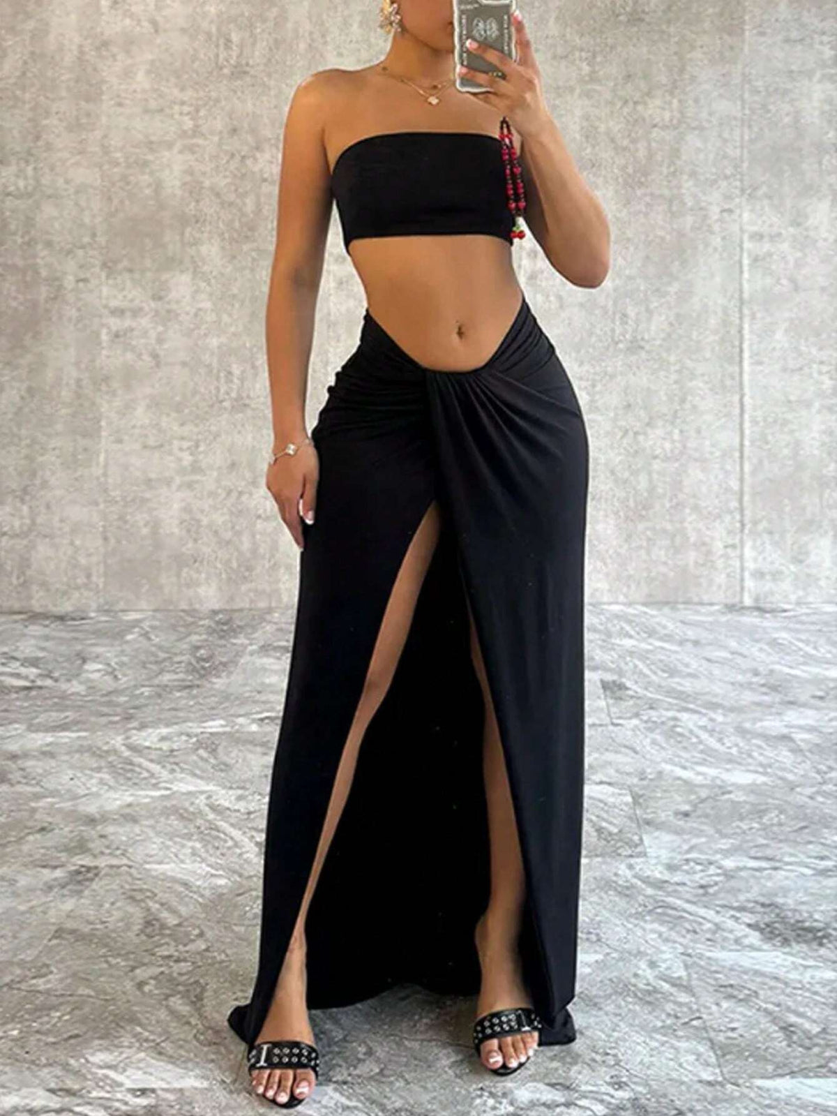 Ladies Solid Color Strapless Top And Thigh-Length Skirt With Twist Front And High Slit, Sexy Summer Two-Piece Set