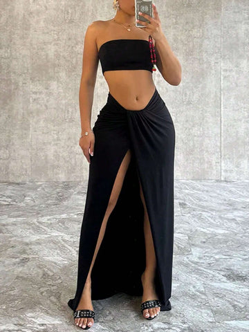 Ladies Solid Color Strapless Top And Thigh-Length Skirt With Twist Front And High Slit, Sexy Summer Two-Piece Set