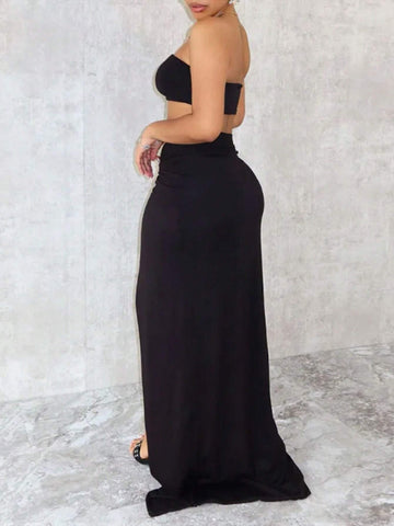 Ladies Solid Color Strapless Top And Thigh-Length Skirt With Twist Front And High Slit, Sexy Summer Two-Piece Set