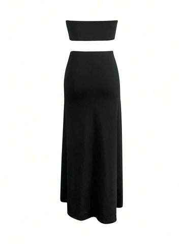 Ladies Solid Color Strapless Top And Thigh-Length Skirt With Twist Front And High Slit, Sexy Summer Two-Piece Set