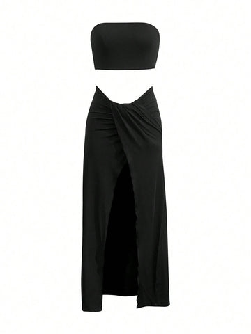 Ladies Solid Color Strapless Top And Thigh-Length Skirt With Twist Front And High Slit, Sexy Summer Two-Piece Set