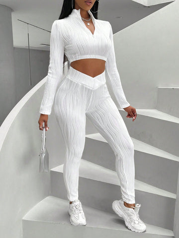 Ladies' Stand Collar Long Sleeve Top And Pants Two Piece Set