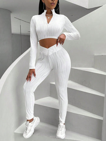 Ladies' Stand Collar Long Sleeve Top And Pants Two Piece Set