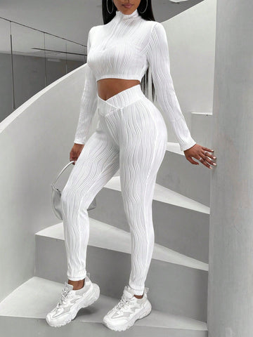 Ladies' Stand Collar Long Sleeve Top And Pants Two Piece Set