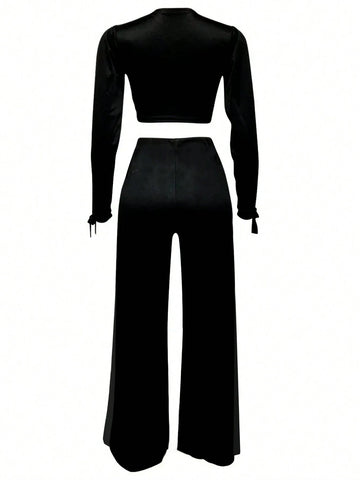 Ladies Summer Solid Color Slit Long Sleeve Crop Top And Long Pants Two-Piece Set