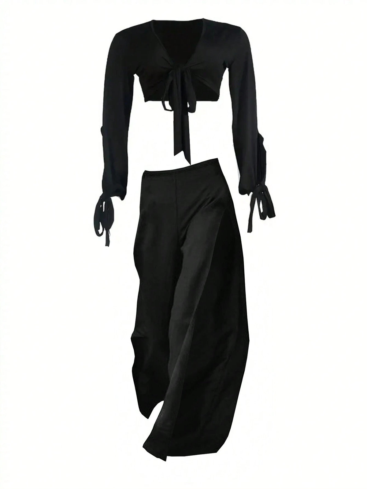 Ladies Summer Solid Color Slit Long Sleeve Crop Top And Long Pants Two-Piece Set