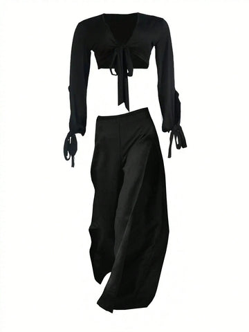 Ladies Summer Solid Color Slit Long Sleeve Crop Top And Long Pants Two-Piece Set