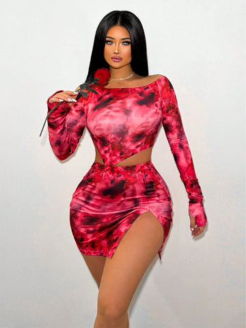 Ladies' Tie-Dye Printed Slim Fit Two-Piece Set