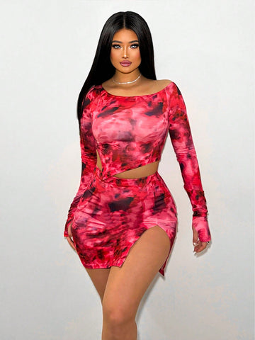 Ladies' Tie-Dye Printed Slim Fit Two-Piece Set