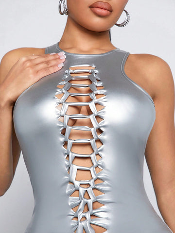 Ladies' Tight-Fitting Jumpsuit With Hollow-Out Knit Fabric