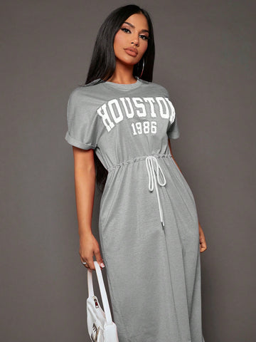 Letter Print Drawstring Waist Dress