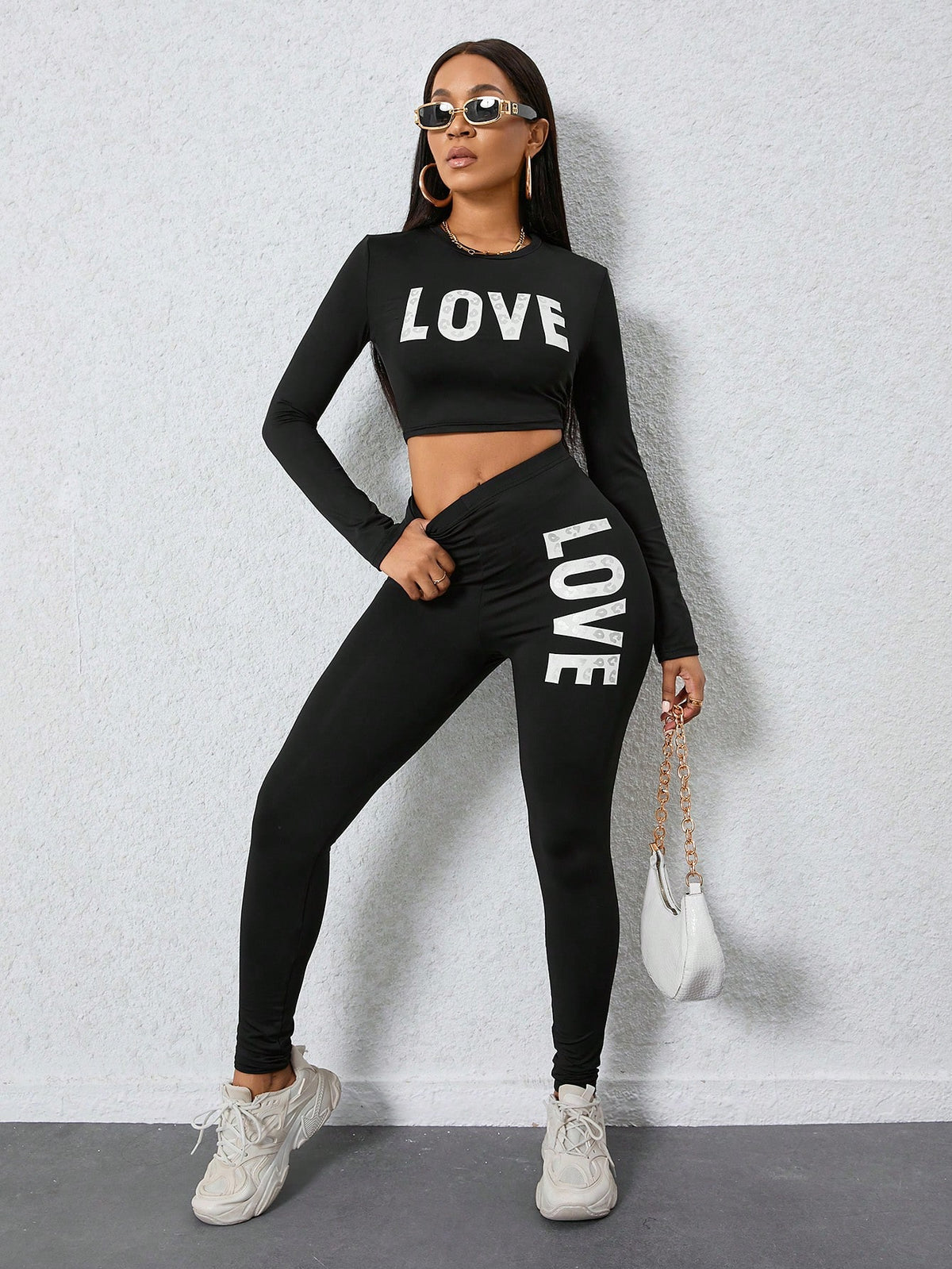 Letter Print Long Sleeve Casual 2 Piece Set