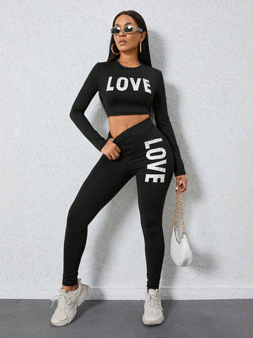Letter Print Long Sleeve Casual 2 Piece Set
