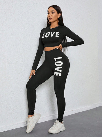 Letter Print Long Sleeve Casual 2 Piece Set