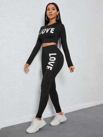Letter Print Long Sleeve Casual 2 Piece Set