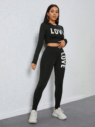 Letter Print Long Sleeve Casual 2 Piece Set