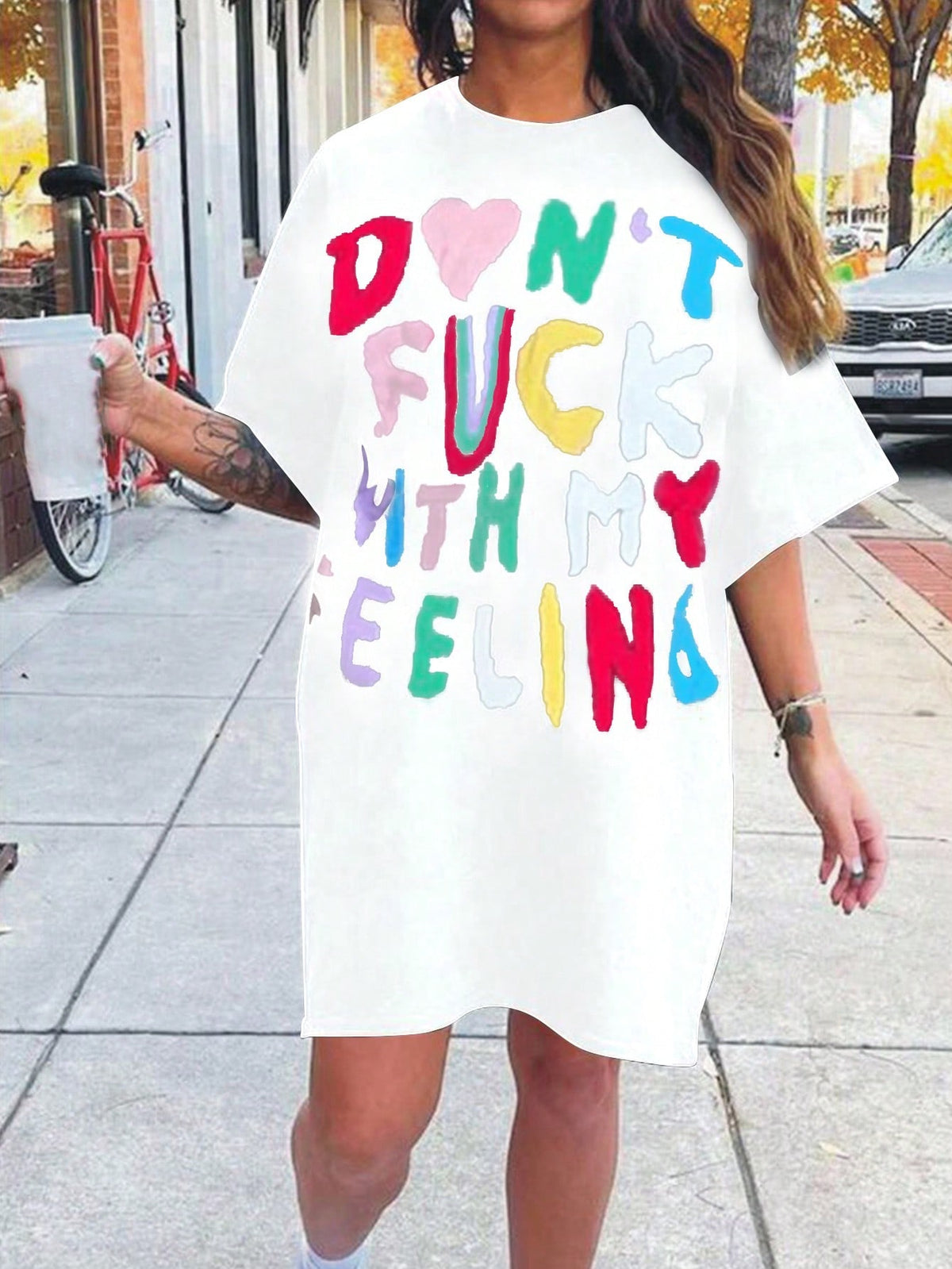 Letter Print Loose Short Sleeve Round Neck Dress
