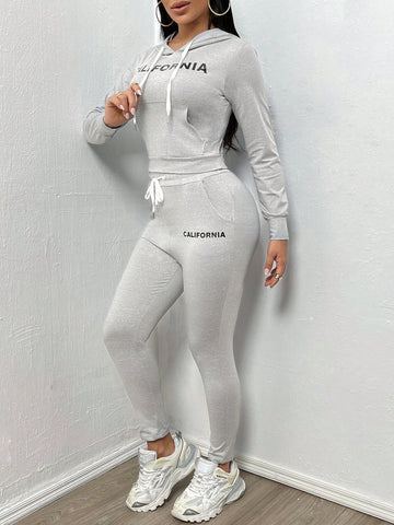 Letter Printed Kangaroo Pocket Hoodie And Sports Pants Two-Piece Set