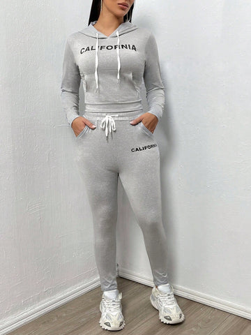 Letter Printed Kangaroo Pocket Hoodie And Sports Pants Two-Piece Set