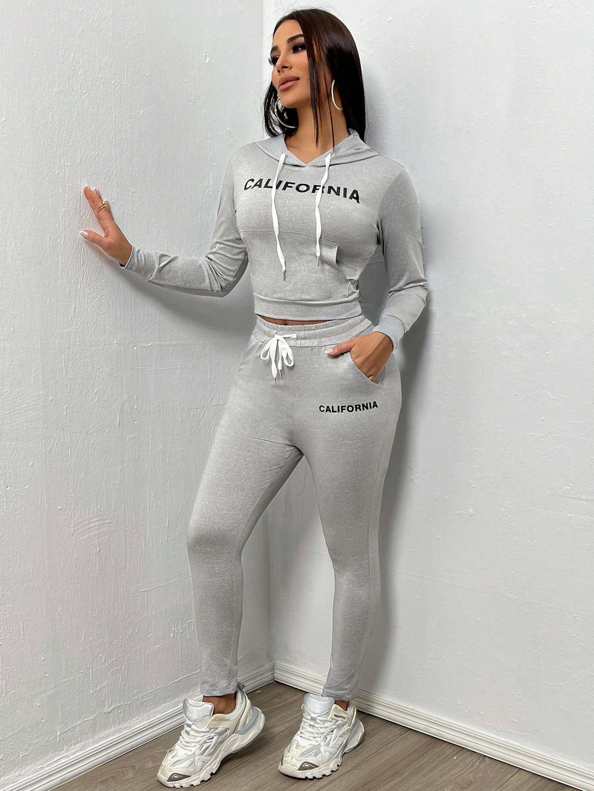 Letter Printed Kangaroo Pocket Hoodie And Sports Pants Two-Piece Set