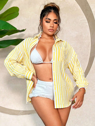 SXY Loose Striped Long Sleeve Shirt For Summer Vacation