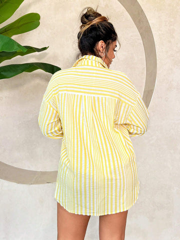 SXY Loose Striped Long Sleeve Shirt For Summer Vacation