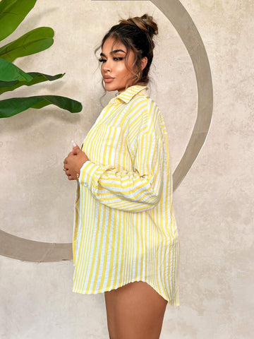 SXY Loose Striped Long Sleeve Shirt For Summer Vacation