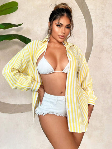 SXY Loose Striped Long Sleeve Shirt For Summer Vacation