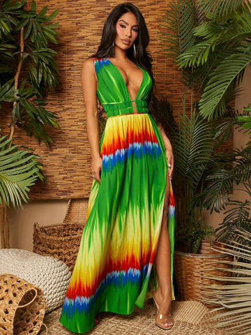 Maxi Women Dresses Tie Dye Split Beach Holiday Dress Beach Vacation Women Clothes