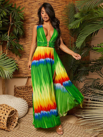 Maxi Women Dresses Tie Dye Split Beach Holiday Dress Beach Vacation Women Clothes