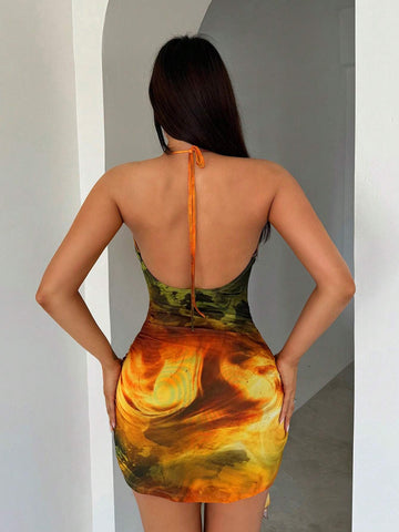 Mesh Oil Painting Gradient Print Hollow Out Draped Neck Tie High Slit Ruffle Hem Bodycon Mini Dress