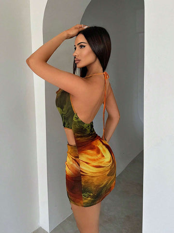 Mesh Oil Painting Gradient Print Hollow Out Draped Neck Tie High Slit Ruffle Hem Bodycon Mini Dress