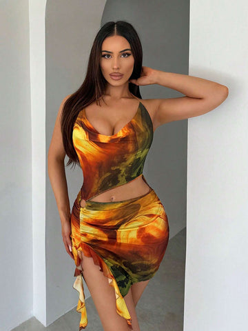 Mesh Oil Painting Gradient Print Hollow Out Draped Neck Tie High Slit Ruffle Hem Bodycon Mini Dress