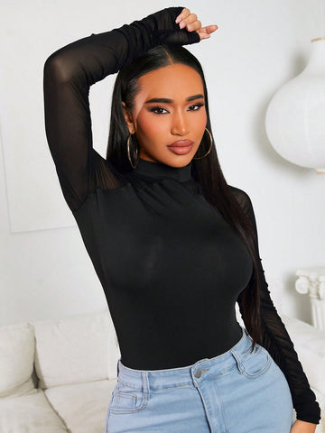 Mesh Panel Pleated High Neck Black Bodysuit
