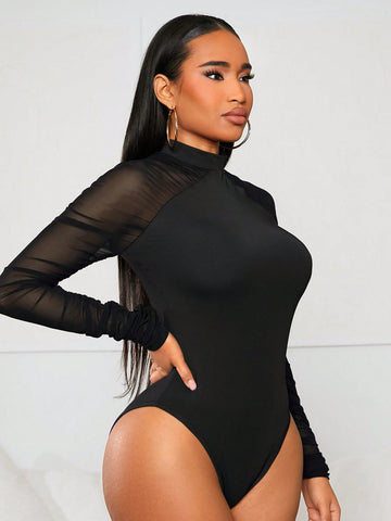 Mesh Panel Pleated High Neck Black Bodysuit